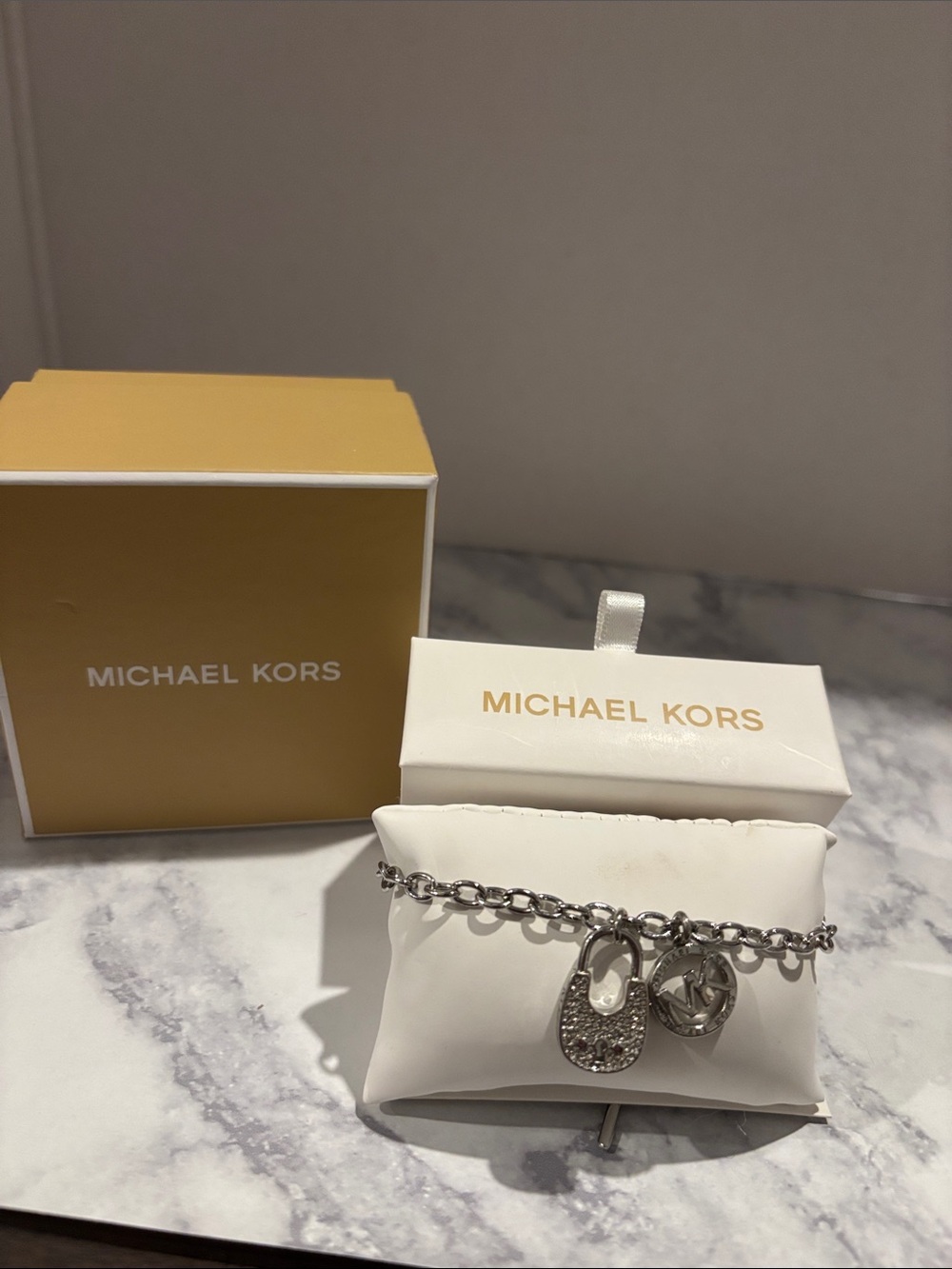 Michael Kors Silver Charm Bracelet with Padlock & MK Disc